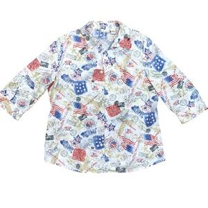 Kim Rogers Americana Button Down Shirt Casual Patriotic Collared Lightweight